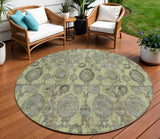 8' Artichoke Green And Gray Round Damask Washable Indoor Outdoor Area Rug