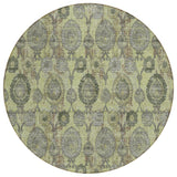 8' Artichoke Green And Gray Round Damask Washable Indoor Outdoor Area Rug
