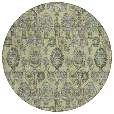 8' Artichoke Green And Gray Round Damask Washable Indoor Outdoor Area Rug