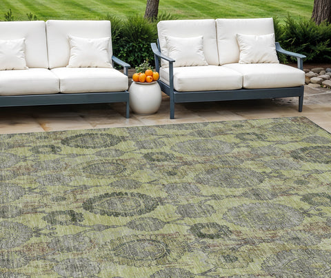 8' X 10' Artichoke Green And Gray Damask Washable Indoor Outdoor Area Rug