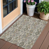 3' X 5' Beige Taupe And Green Damask Washable Indoor Outdoor Area Rug