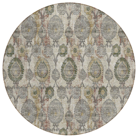 8' Beige Taupe And Green Round Damask Washable Indoor Outdoor Area Rug