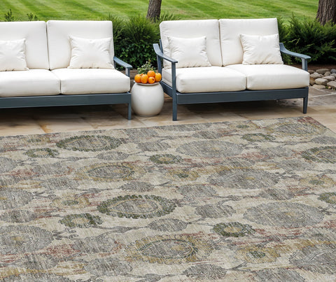 8' X 10' Beige Taupe And Green Damask Washable Indoor Outdoor Area Rug