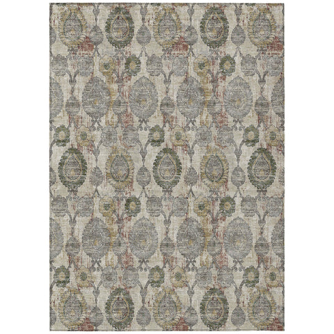 8' X 10' Beige Taupe And Green Damask Washable Indoor Outdoor Area Rug