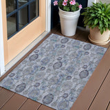 3' X 5' Navy Blue And Sky Blue Damask Washable Indoor Outdoor Area Rug