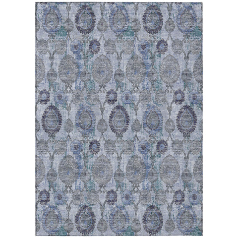 3' X 5' Navy Blue And Sky Blue Damask Washable Indoor Outdoor Area Rug