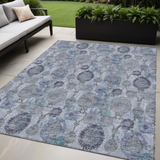 5' X 8' Navy Blue And Sky Blue Damask Washable Indoor Outdoor Area Rug
