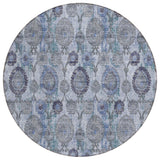 8' Navy Blue And Sky Blue Round Damask Washable Indoor Outdoor Area Rug