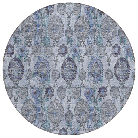 8' Navy Blue And Sky Blue Round Damask Washable Indoor Outdoor Area Rug