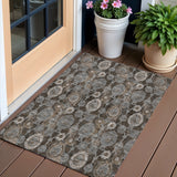 3' X 5' Brown And Beige Damask Washable Indoor Outdoor Area Rug