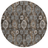 8' Brown And Beige Round Damask Washable Indoor Outdoor Area Rug
