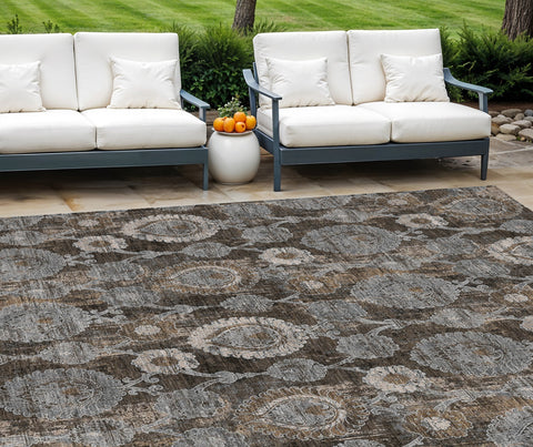 8' X 10' Brown And Beige Damask Washable Indoor Outdoor Area Rug
