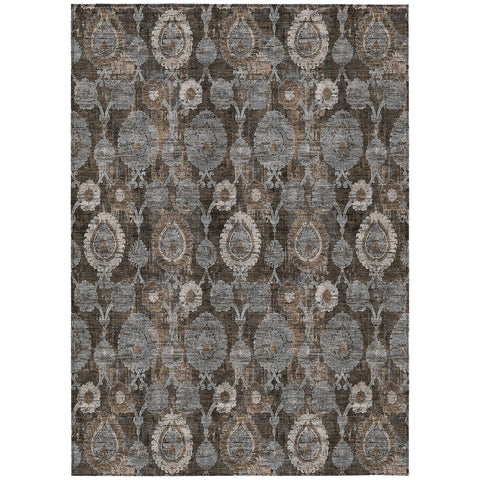 8' X 10' Brown And Beige Damask Washable Indoor Outdoor Area Rug