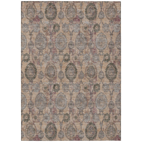 5' X 8' Coral Gray And Green Damask Washable Indoor Outdoor Area Rug