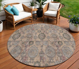 8' Coral Gray And Green Round Damask Washable Indoor Outdoor Area Rug