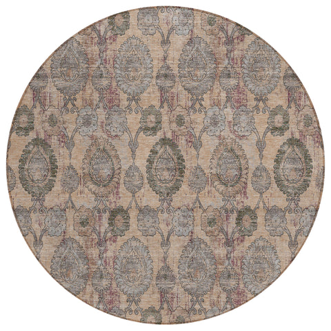 8' Coral Gray And Green Round Damask Washable Indoor Outdoor Area Rug