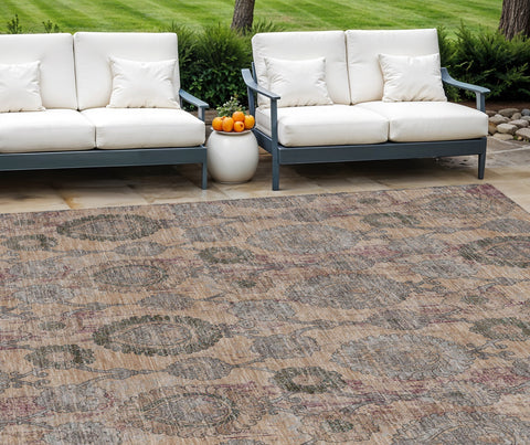 8' X 10' Coral Gray And Green Damask Washable Indoor Outdoor Area Rug