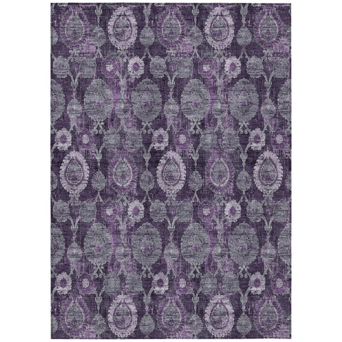 3' X 5' Eggplant Purple And Lavender Damask Washable Indoor Outdoor Area Rug