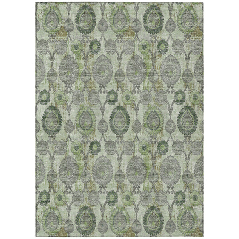 5' X 8' Artichoke Green And Fern Green Damask Washable Indoor Outdoor Area Rug