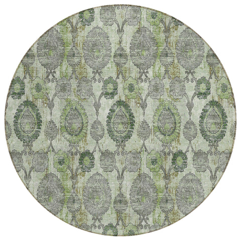 8' Artichoke Green And Fern Green Round Damask Washable Indoor Outdoor Area Rug