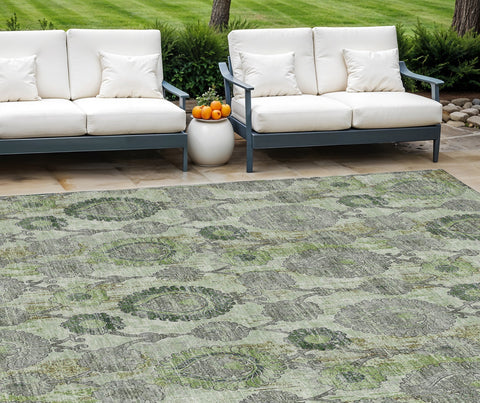 8' X 10' Artichoke Green And Fern Green Damask Washable Indoor Outdoor Area Rug