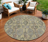 8' Gold Gray And Charcoal Round Damask Washable Indoor Outdoor Area Rug
