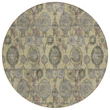 8' Gold Gray And Charcoal Round Damask Washable Indoor Outdoor Area Rug