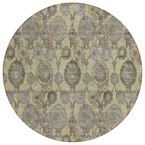 8' Gold Gray And Charcoal Round Damask Washable Indoor Outdoor Area Rug