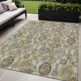 5' X 8' Khaki Beige And Gold Damask Washable Indoor Outdoor Area Rug