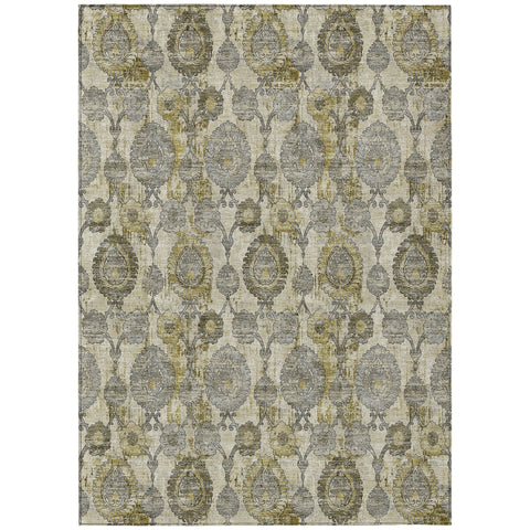 8' X 10' Khaki Beige And Gold Damask Washable Indoor Outdoor Area Rug