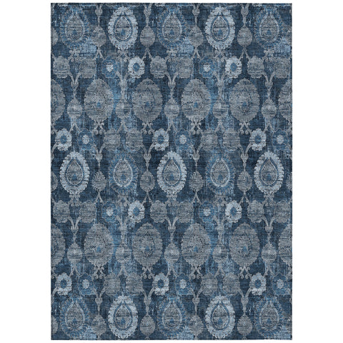 3' X 5' Navy Blue And Denim Blue Damask Washable Indoor Outdoor Area Rug