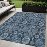 5' X 8' Navy Blue And Denim Blue Damask Washable Indoor Outdoor Area Rug