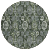 8' Olive Green And Fern Green Round Damask Washable Indoor Outdoor Area Rug