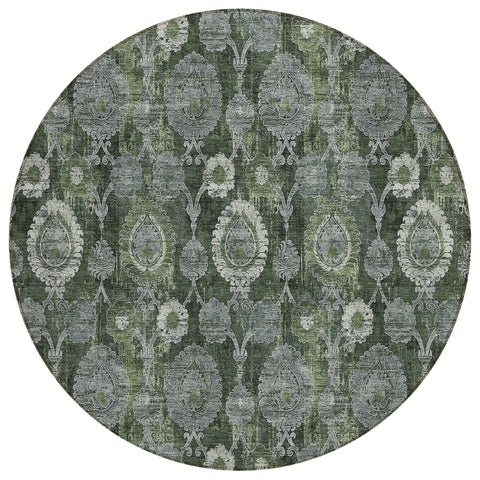 8' Olive Green And Fern Green Round Damask Washable Indoor Outdoor Area Rug
