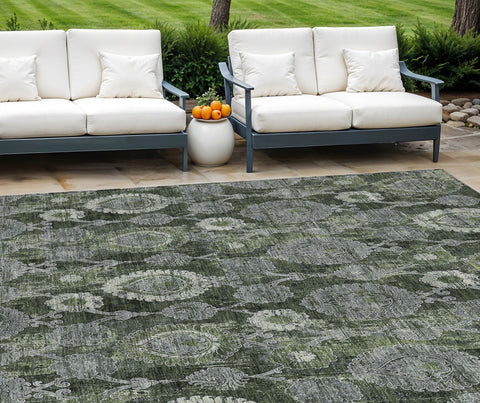 8' X 10' Olive Green And Fern Green Damask Washable Indoor Outdoor Area Rug