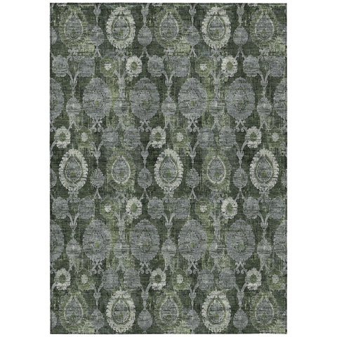 8' X 10' Olive Green And Fern Green Damask Washable Indoor Outdoor Area Rug