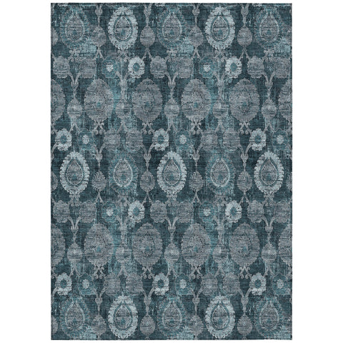 3' X 5' Teal Blue And Sky Blue Damask Washable Indoor Outdoor Area Rug
