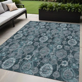 5' X 8' Teal Blue And Sky Blue Damask Washable Indoor Outdoor Area Rug