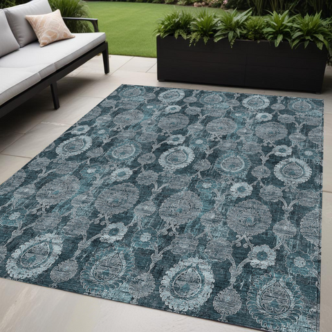 5' X 8' Teal Blue And Sky Blue Damask Washable Indoor Outdoor Area Rug