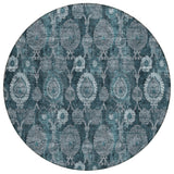 8' Teal Blue And Sky Blue Round Damask Washable Indoor Outdoor Area Rug