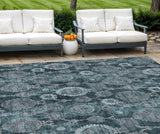 8' X 10' Teal Blue And Sky Blue Damask Washable Indoor Outdoor Area Rug