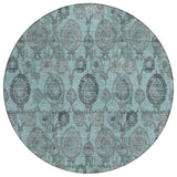 8' Turquoise Gray And Charcoal Round Damask Washable Indoor Outdoor Area Rug