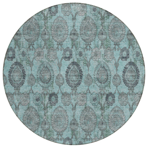 8' Turquoise Gray And Charcoal Round Damask Washable Indoor Outdoor Area Rug