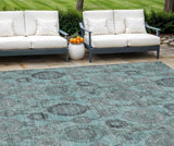 8' X 10' Turquoise Gray And Charcoal Damask Washable Indoor Outdoor Area Rug