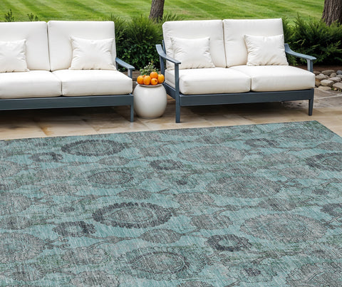8' X 10' Turquoise Gray And Charcoal Damask Washable Indoor Outdoor Area Rug