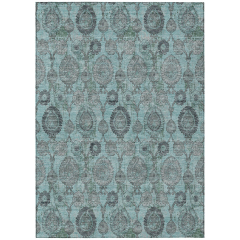8' X 10' Turquoise Gray And Charcoal Damask Washable Indoor Outdoor Area Rug