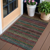3' X 5' Black Green And Gold Striped Washable Indoor Outdoor Area Rug