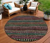 8' Black Green And Gold Round Striped Washable Indoor Outdoor Area Rug