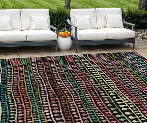 8' X 10' Black Green And Gold Striped Washable Indoor Outdoor Area Rug