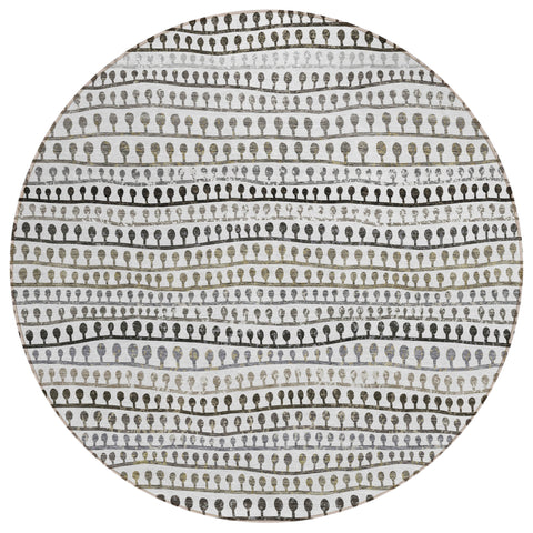 8' Ivory Taupe And Charcoal Round Striped Washable Indoor Outdoor Area Rug